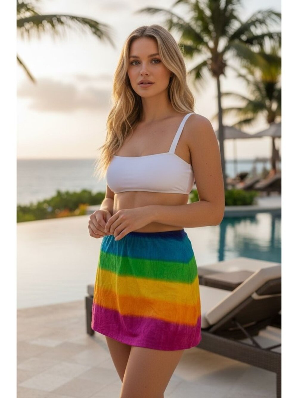Longitude Women Medium Rainbow Swim Skirt Cover-Up Stretch Pink Green Yellow New